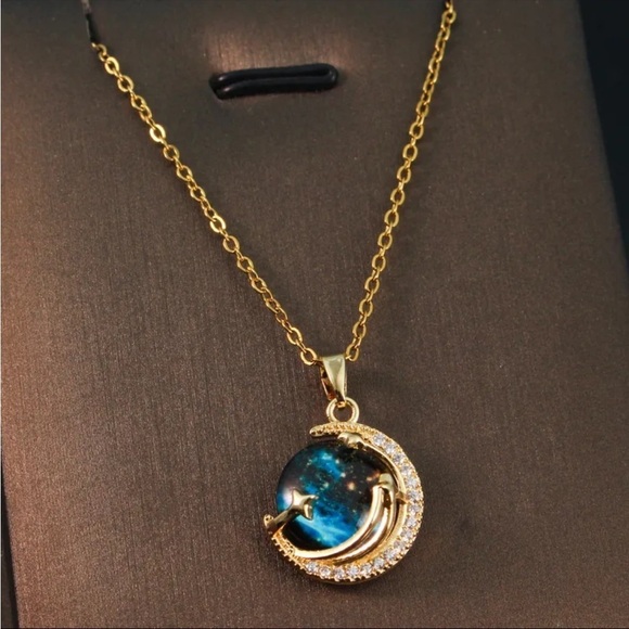Blue Circle Galaxy Pendant Necklace in Blue and Gold - Picture 1 of 2